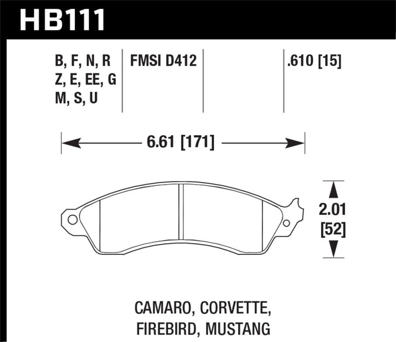 Hawk HB111E.610 94-04 Mustang Cobra / 88-96 Corvette / 88-92 Camaro w/HD Brakes Front Blue 9012 Race Brake Pads