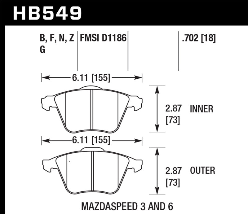 Hawk 07-11 Mazdaspeed3 / 06-11 Mazdaspeed6 / 05-09 Volvo V50 DTC-60 Plaquettes de frein de course avant